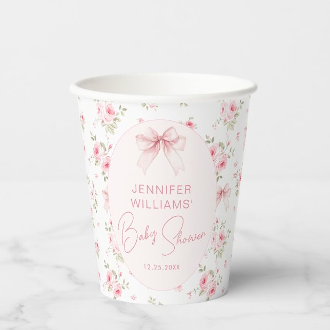 Pink Shabby Chic Bow Floral Sweet Baby Girl Dusche Pappbecher (Vorderseite)