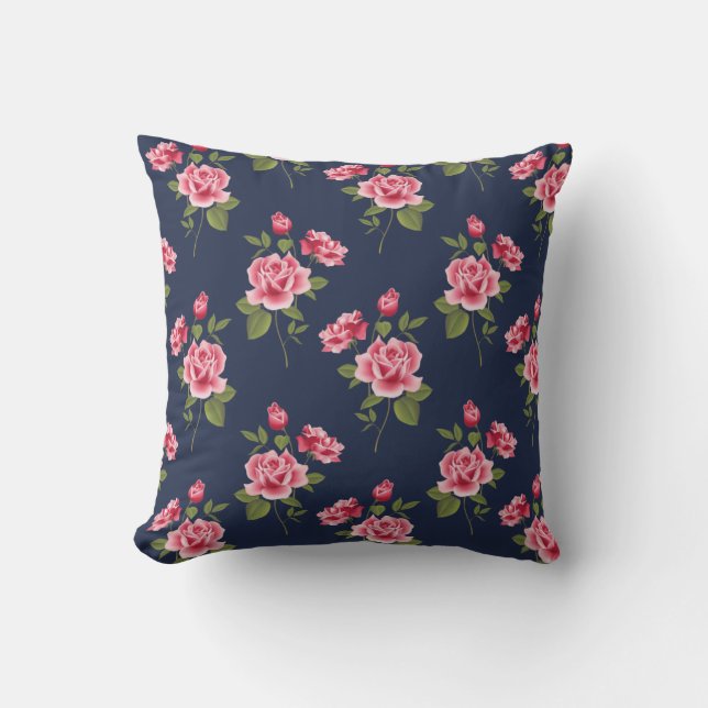 Pink Shabby Rose auf Navy Blue Throw Kissen (Vorderseite)