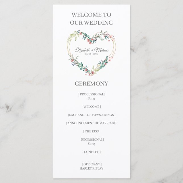 Pink Shades Heart on Wildflowers for Wedding Programm (Vorderseite)