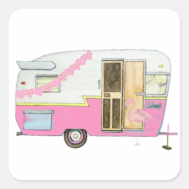 Pink She Shirt Camper Trailer Quadratischer Aufkleber (Vorderseite)