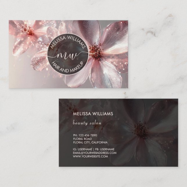 Pink Shiny Floral Logo Initials Business Card Visitenkarte (Vorne/Hinten)