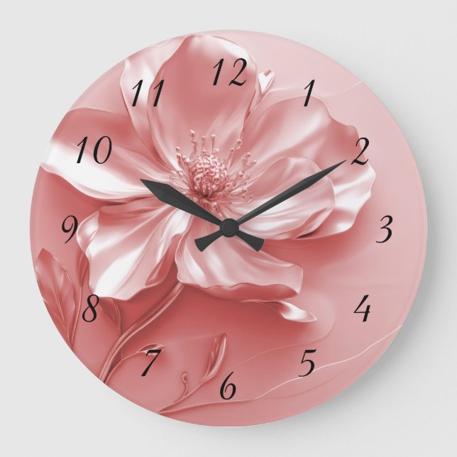 Pink Shiny Metallic 3D Flower Große Wanduhr (Vorderseite)
