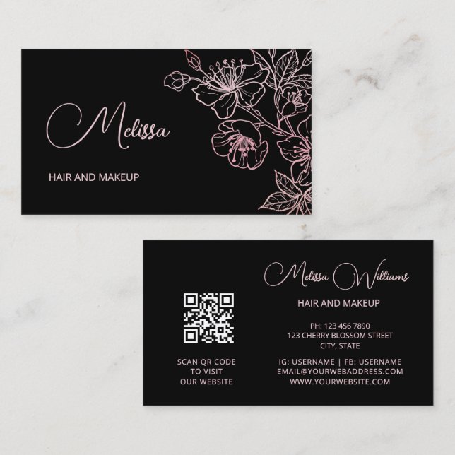 Pink Shiny Metallic Black Floral | QR Code  Visitenkarte (Vorne/Hinten)