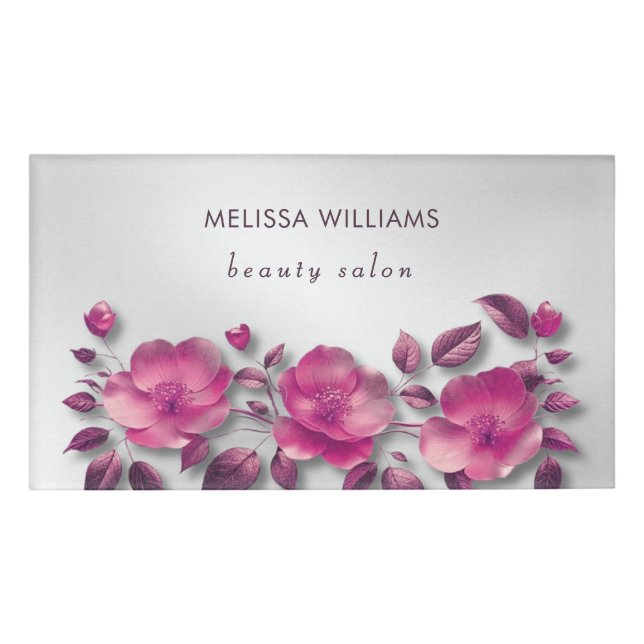 Pink Shiny Metallic Flower Silver Namenschild (Vorderseite)