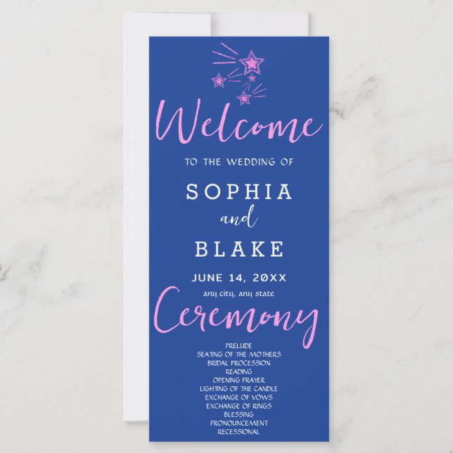 Pink Shooting Stars Dark Blue Wedding Program (Vorderseite)