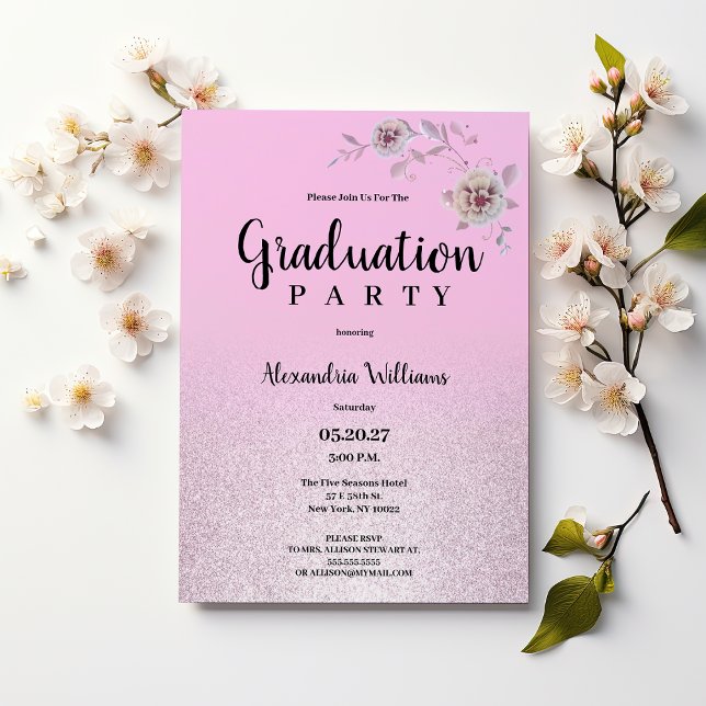Pink silber Lavendel Glitzer Blume Abschluss Einladung (Pink silver lavender glitter flower Graduation)