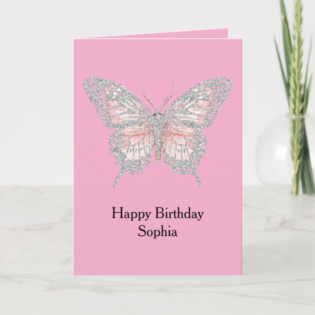 Pink Silber Schmetterling Geburtstag Karte (Vorderseite)