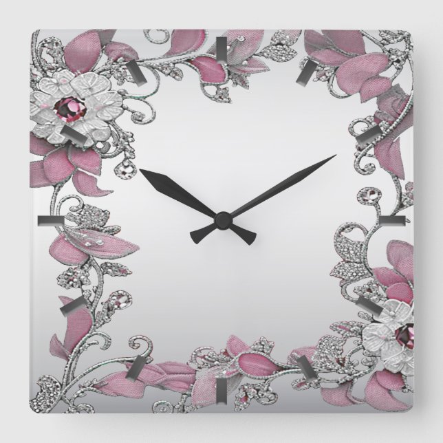 Pink Silber Weiße Wand-Uhr Quadratische Wanduhr (Vorderseite)