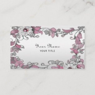 Pink Silber White Floral Business Card Visitenkarte
