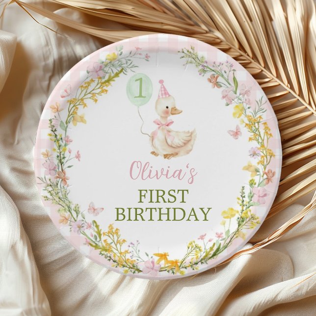 Pink Silly Goose Floral Girl Birthday Paper Plates Pappteller (Von Creator hochgeladen)