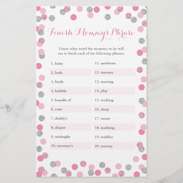 Pink Silver Baby Shower beenden Mommy's Phrase Gam (Vorderseite)