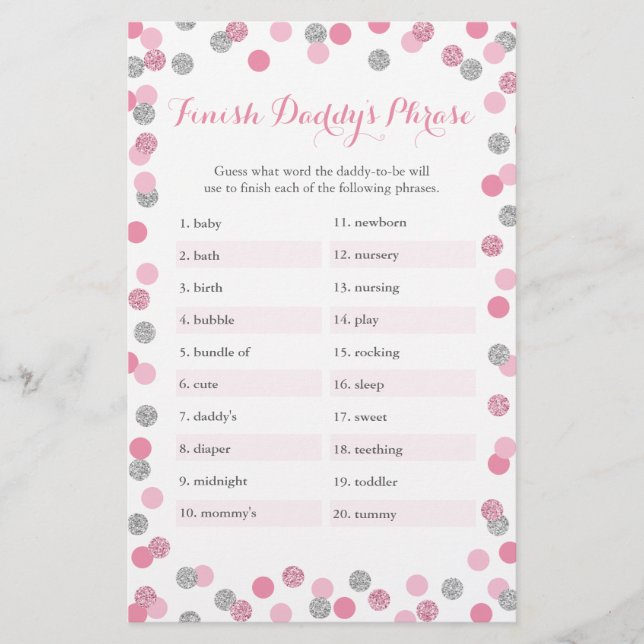 Pink Silver Baby Shower beendet Daddy's Phrase Gam (Vorderseite)