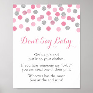 Pink Silver Baby Shower Say Baby Game Sign Poster