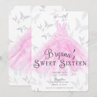 Pink Silver Butterfly Dance Dress Sweet 16 Party Einladung