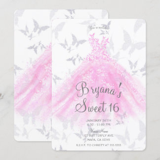 Pink Silver Butterfly Dance Dress Sweet 16 Party Einladung
