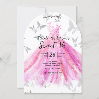 Pink Silver Butterfly Dance Sweet 16 Birthday Einladung