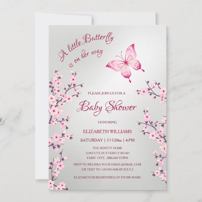 Pink Silver Butterfly | Girl Baby Shower  Einladung (Vorderseite)