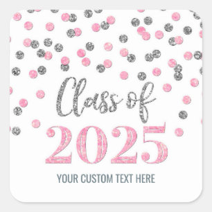 Pink Silver Confetti Abschluss 2025 Quadratischer Aufkleber