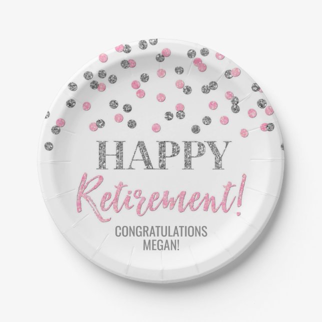 Pink Silver Confetti Happy Rentirement Pappteller (Vorderseite)