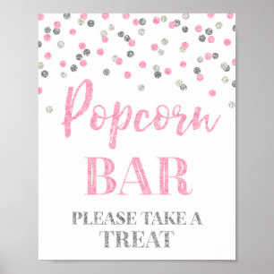 Pink Silver Confetti Popcorn Bar Sign Poster