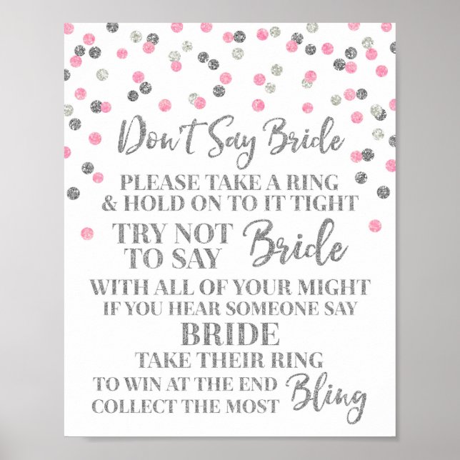 Pink Silver Confetti Sage nicht Bride Game Sign Poster (Vorne)