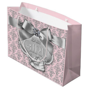 Pink Silver Damask Baby Girl Große Geschenktüte