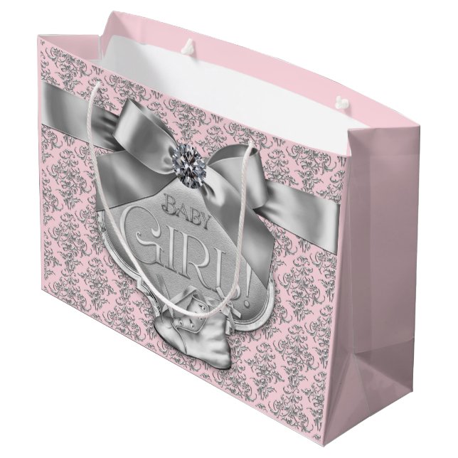Pink Silver Damask Baby Girl Große Geschenktüte (Rückseite Schrägansicht)