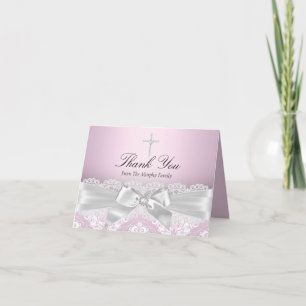 Pink Silver Damask & Bow Taufe Danke Karte