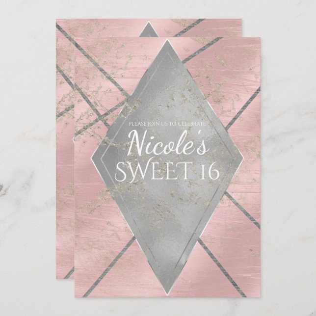 Pink Silver Diamond Glam Sweet 16 JEDES EVENT Part Einladung (Vorne/Hinten)
