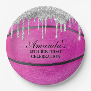 Pink Silver Drip Basketball Pappteller