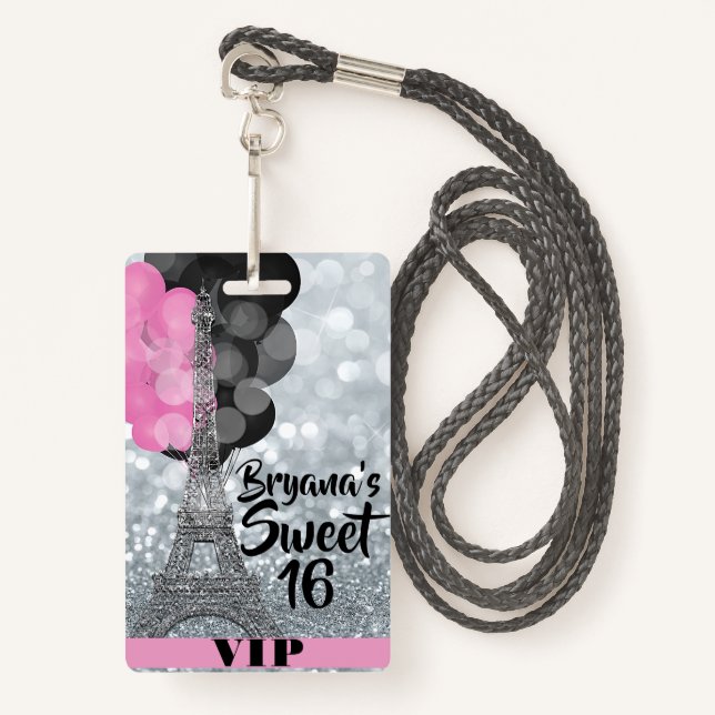 Pink Silver Eiffel Tower Balloons VIP Pass Abzeich Ausweis (Vorderseite mit Schlüsselband)