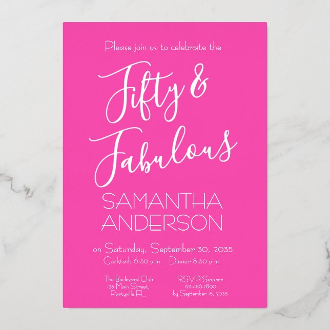 Pink Silver Elegant 50 & Fabulous Birthday Party  Folieneinladung (Vorderseite)