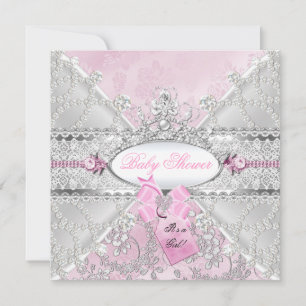 Pink Silver Floral Bow Babydusche Diamanten Einladung