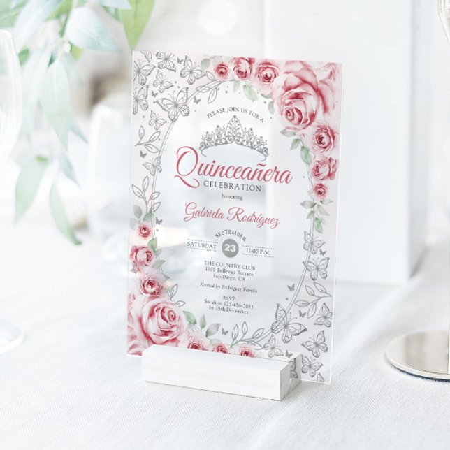 Pink Silver Floral Quinceanera Acryleinladungen (Von Creator hochgeladen)