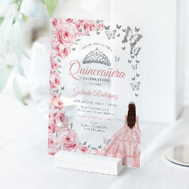 Pink Silver Floral Quinceanera Acryleinladungen