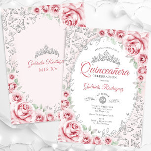Pink Silver Floral Quinceanera Einladung