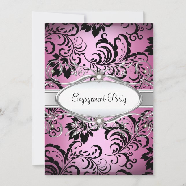 Pink Silver Floral Swirt Einladung (Vorderseite)