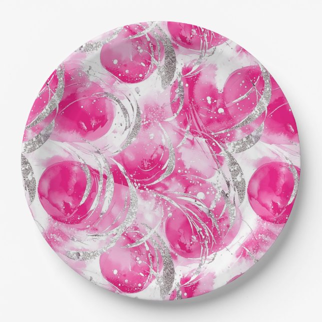 Pink Silver Glam Abstrakt Circles Birthday Pappteller (Vorderseite)