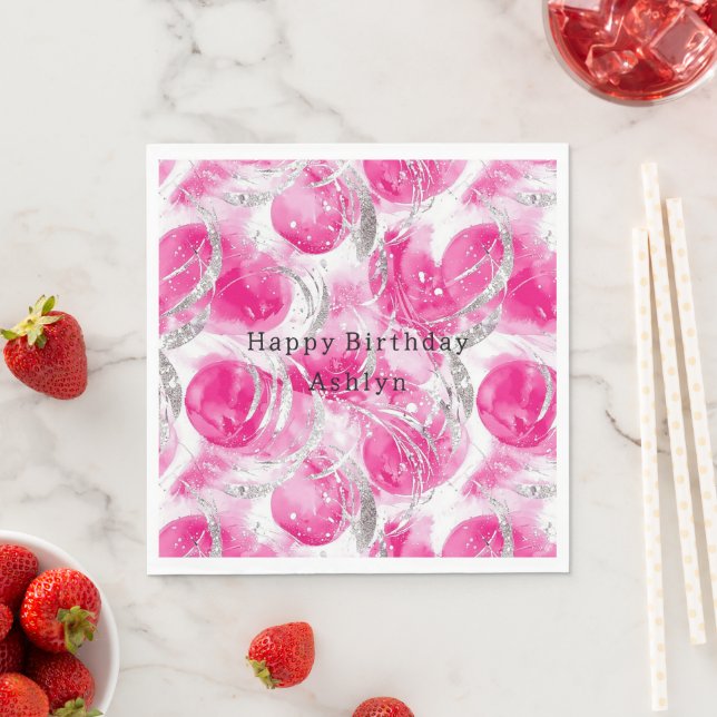 Pink Silver Glam Abstrakt Circles Birthday Serviette (Beispiel)