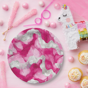 Pink Silver Glam Abstrakt Geburtstag Pappteller