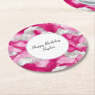 Pink Silver Glam Abstrakt Geburtstag Runder Pappuntersetzer