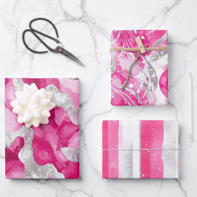 Pink Silver Glam Abstrakt Streifen Geburtstag Geschenkpapier Set (Vorderseite)