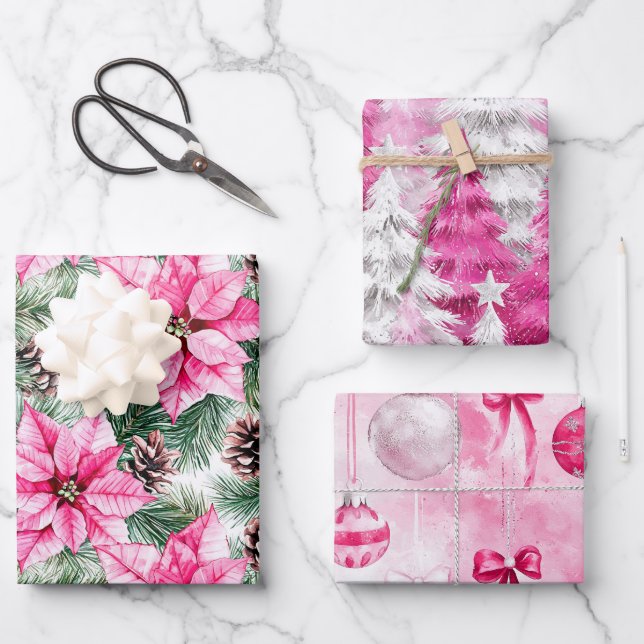 Pink Silver Glam Christmas Trees Flowers Ornaments Geschenkpapier Set (Vorderseite)