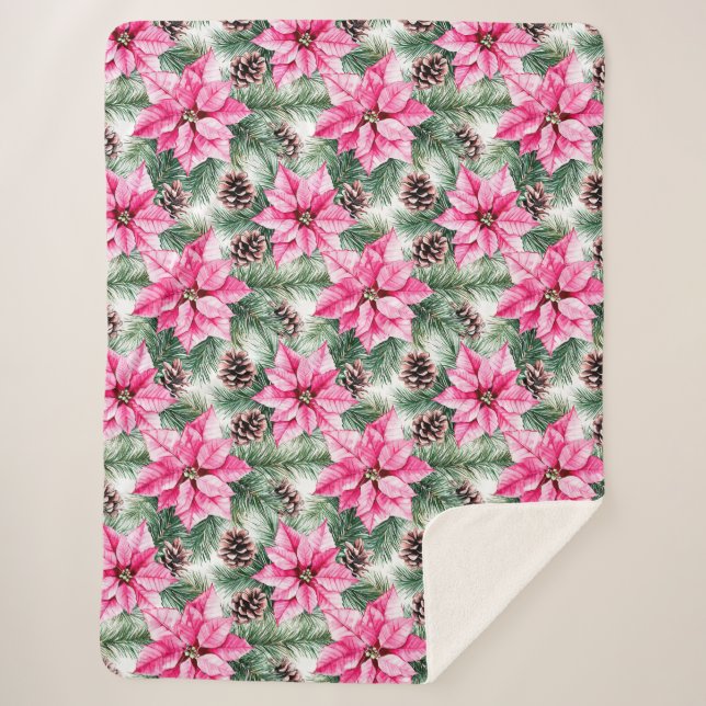 Pink Silver Glam Poinsettia Flowers Christmas Sherpadecke (Vorderseite)