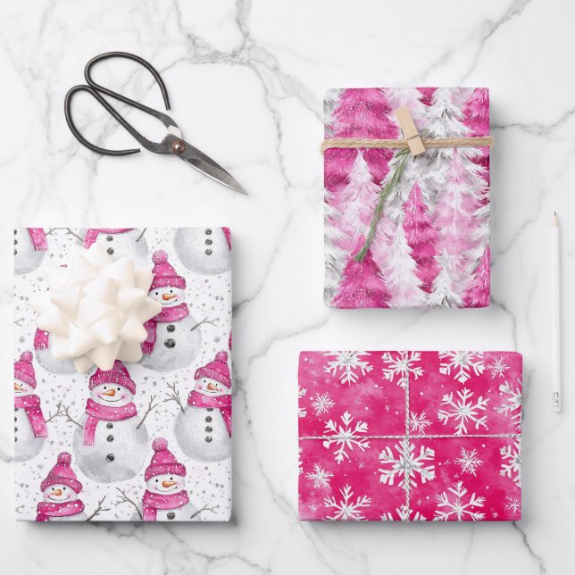 Pink Silver Glam Snowflakes Christmas Tree Snowman Geschenkpapier Set (Vorderseite)
