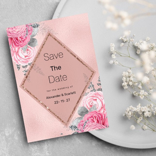 Pink silver glitter peony floral Save The Date Einladung (Pink silver glitter peony floral Save The Date )