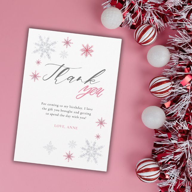 Pink Silver Glitter Snowflakes 1st Birthday Party  Dankeskarte (Von Creator hochgeladen)
