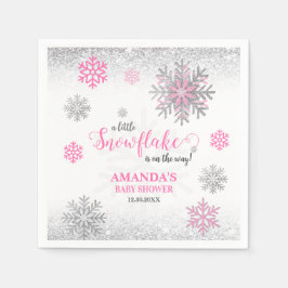 Pink Silver Glittery Snow Flake Winter Baby Shower Serviette
