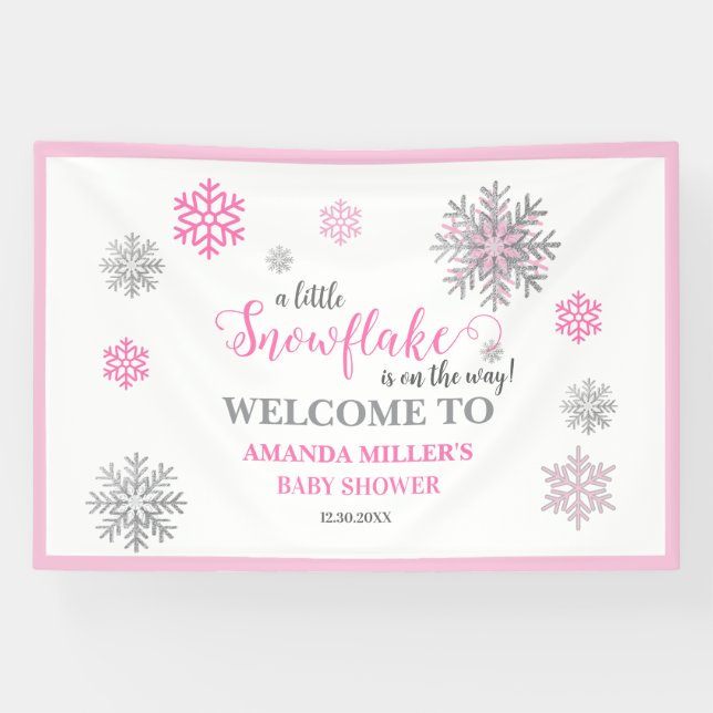 Pink Silver Glittery Snowflake Winter Baby Shower  Banner (Horizontal)