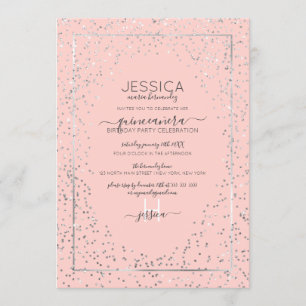 Pink Silver Glitzer Confetti Border Quinceañera Einladung